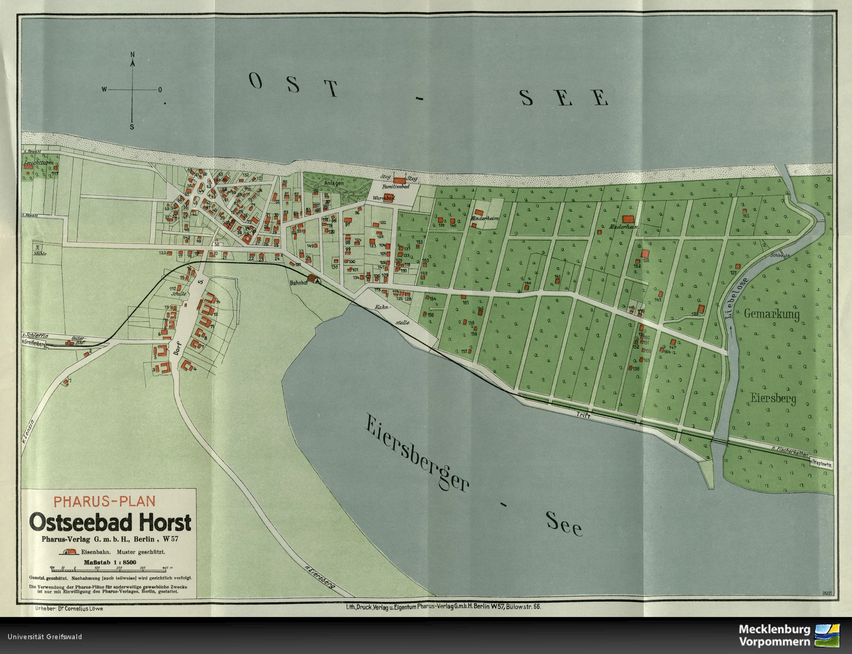 Archiwalny Pharus-Plan Ostseebad Horst z numerami budynków i legendą, opublikowany w przewodniku z 1930 roku